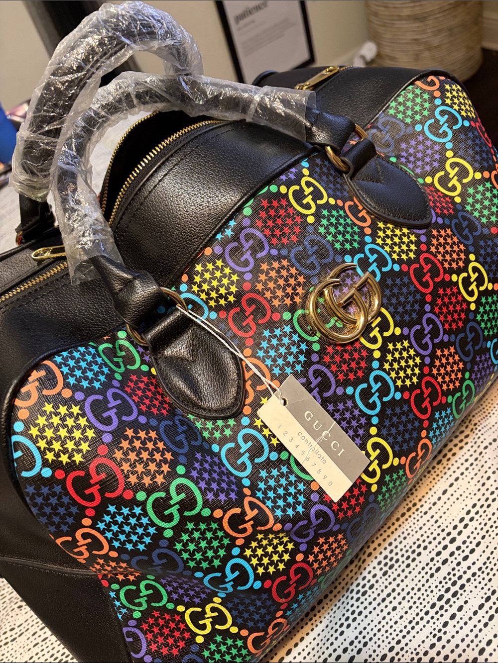 Gucci “Psychedelic” Leather Bowling Bag with Multicolor Rainbow GG Motif